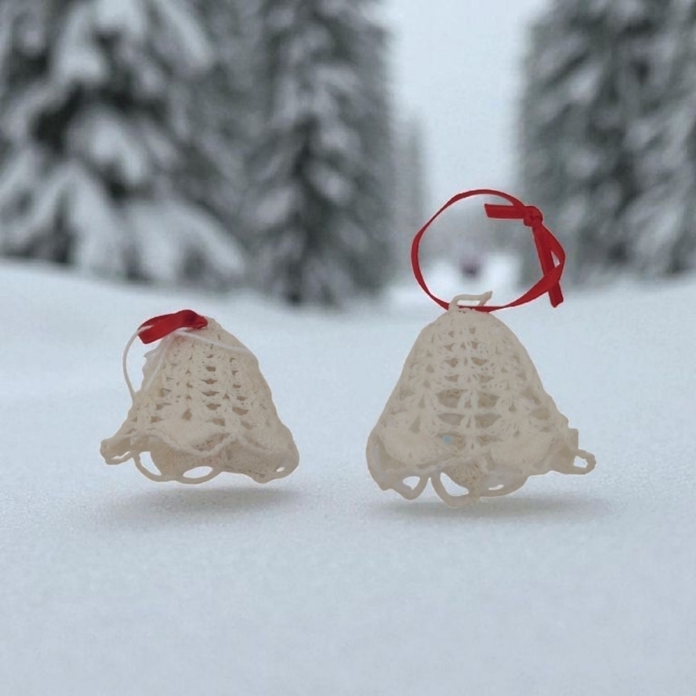 Vintage Starched Crochet Bell Pair Ornaments with Red Ribbon